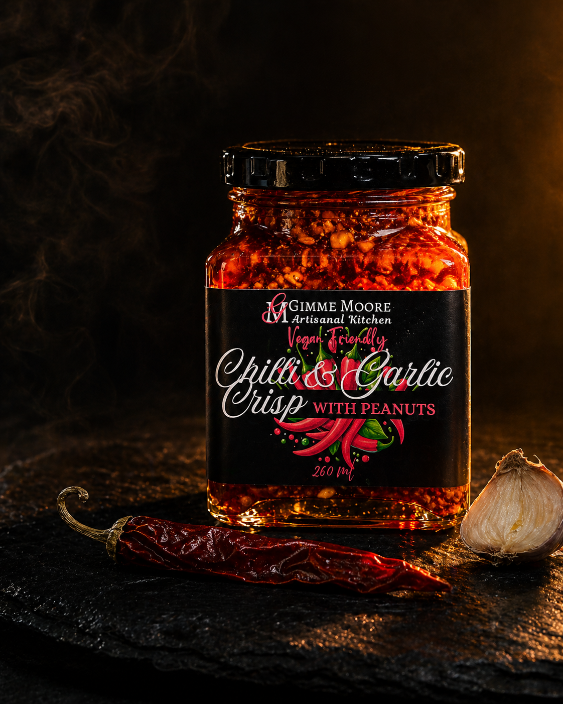 Gimme Moore Chilli & Garlic Crisp with Peanuts &mdash; 260ml glass jar with black label, cinematic moody lighting