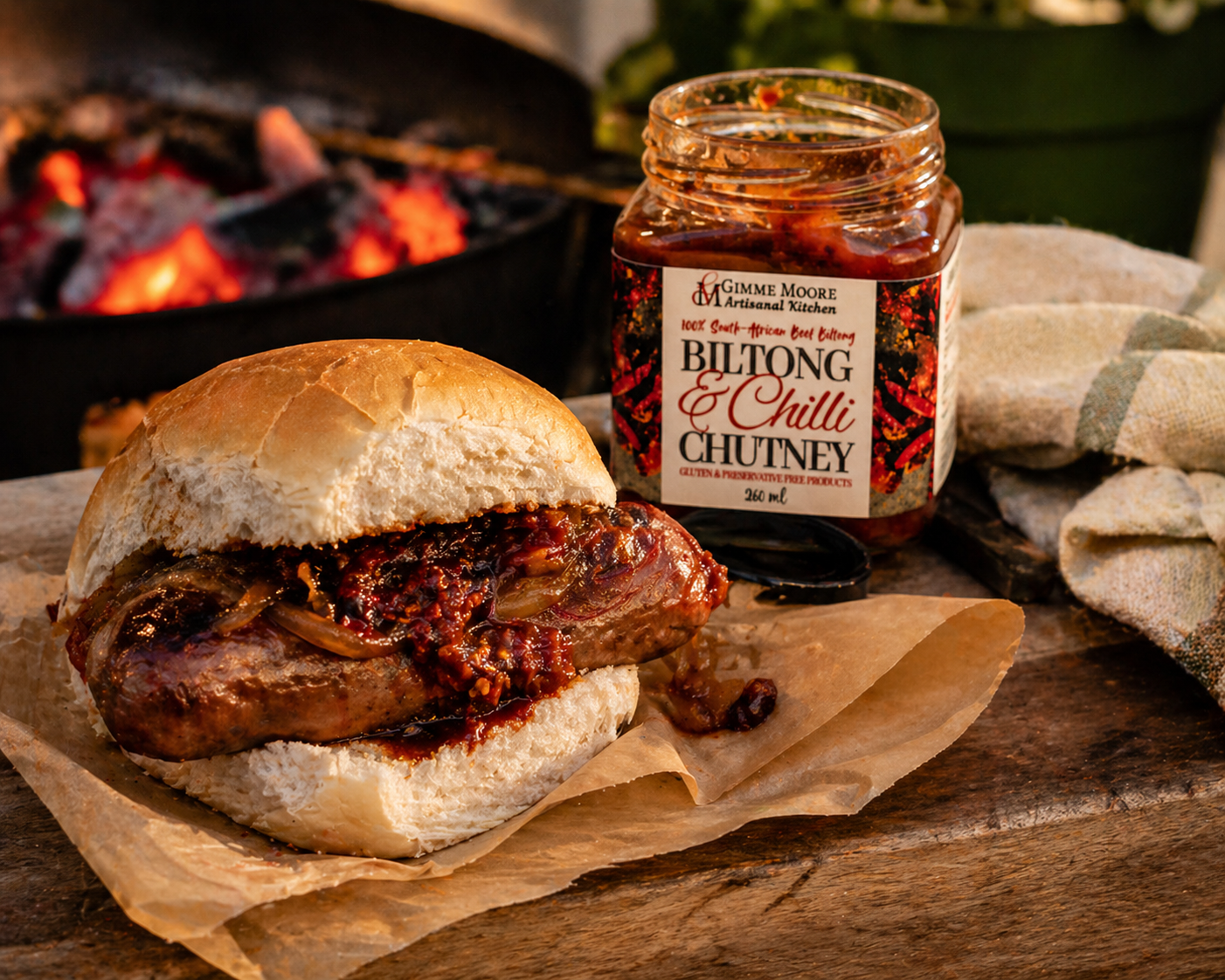 South African boerewors roll in a soft white bun with caramelised onions and Gimme Moore Biltong & Chilli Chutney, on craft paper at a wooden braai-side table