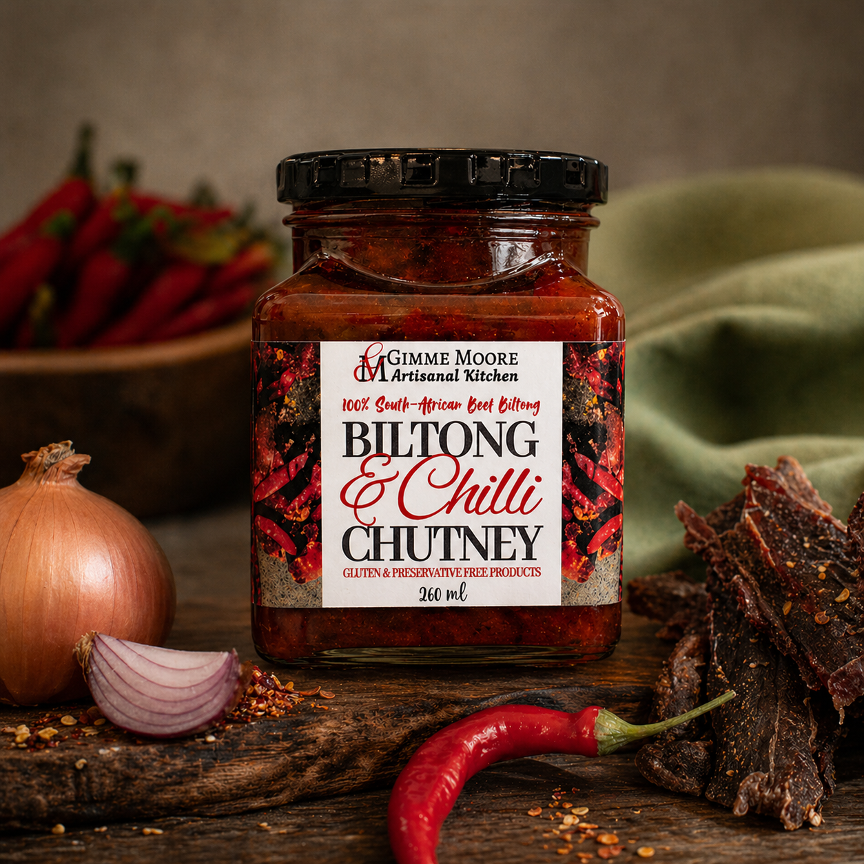 Gimme Moore Biltong & Chilli Chutney — 250ml glass jar, dark mahogany contents, on slate with biltong slices and dried chillies
