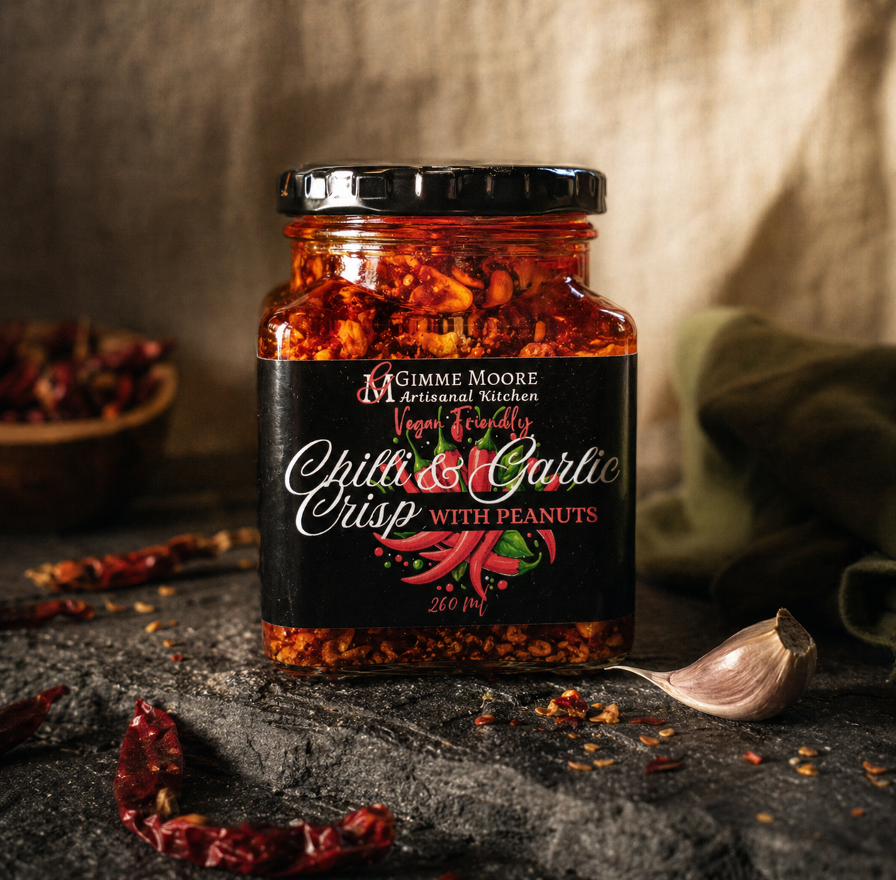 Gimme Moore Chilli & Garlic Crisp with Peanuts — 260ml glass jar, black label, on dark slate with scattered chillies and garlic