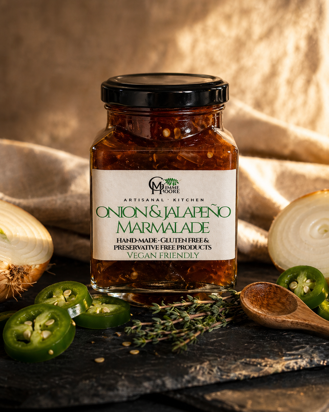 Gimme Moore Onion & Jalapeño Marmalade — 250ml glass jar, amber-honey contents, on slate with sliced jalapeños and halved onion